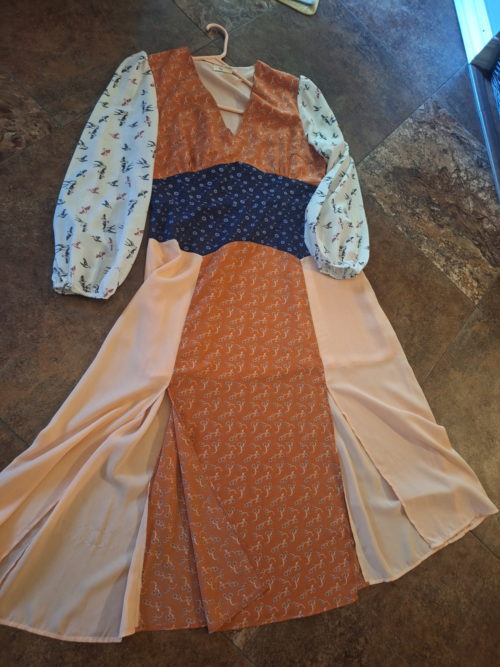 Bohemian Birds Patchwork Ditsy Floral Dress Rust, Navy Cream Sz 12